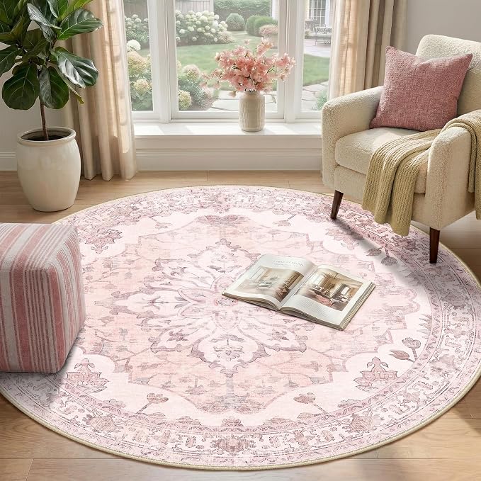 RELEANY Washable Area Rug, Round 4ft, Water Repellent, Pet Friendly, Vintage - Image 2