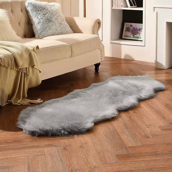 duduta Grey Faux Sheepskin Runner Rugs 2x6 ft, Fluffy Fur Couch Covers | Shag - Image 5