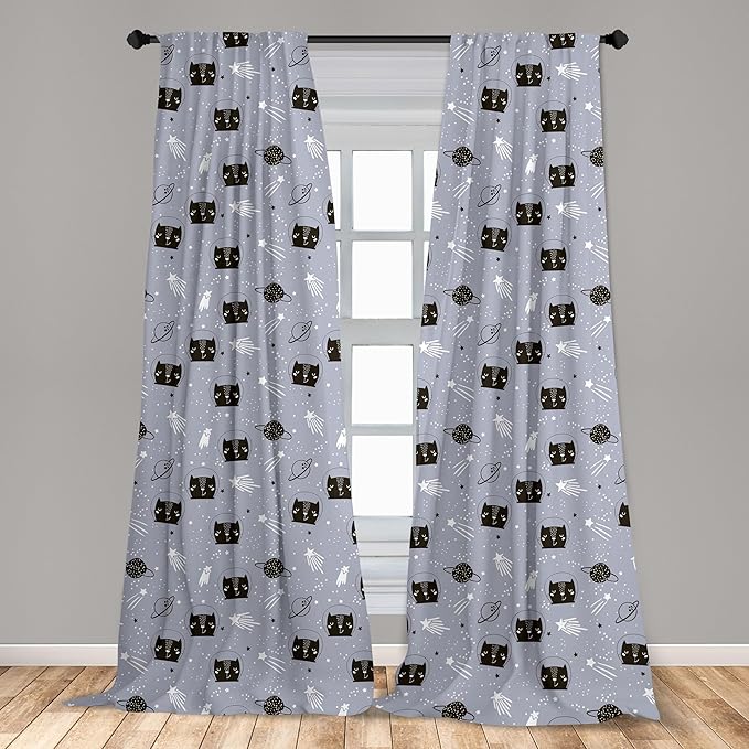 Ambesonne Outer Space Window Curtains, Astronaut Cats Exploring The Universe on Dotted Background, Lightweight Decor 2-Panel Set with Rod Pocket, Pair of - 28" x 95", Purple Grey