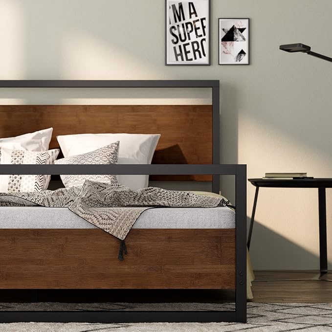 ZINUS Suzanne Bamboo and Metal Platform Bed Frame with Footboard, Wood Slat Support, No Box Spring Needed, Easy Assembly, Twin