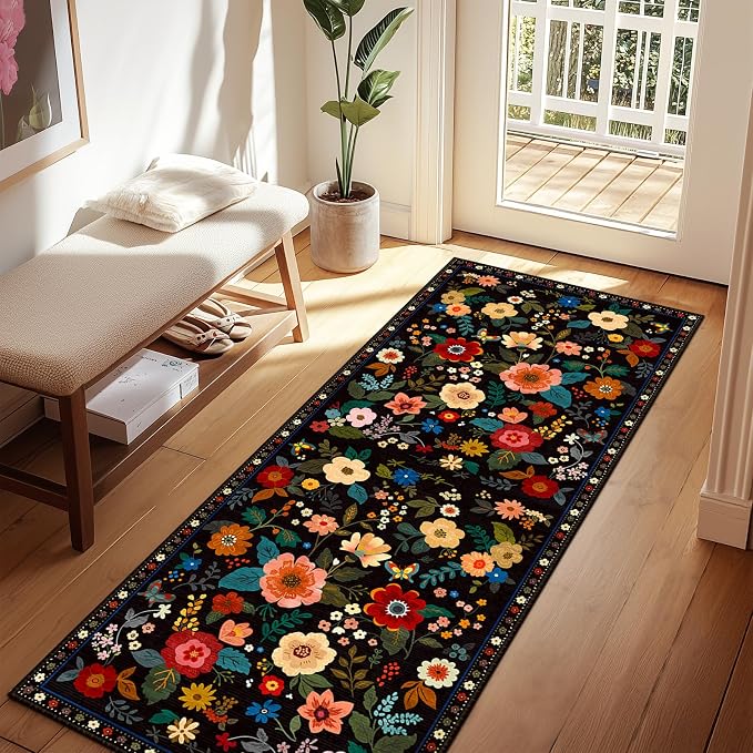 Floral Washable 2x6 Area Rugs Runner Entryway Hallway Black | Flower Carpet - Image 2