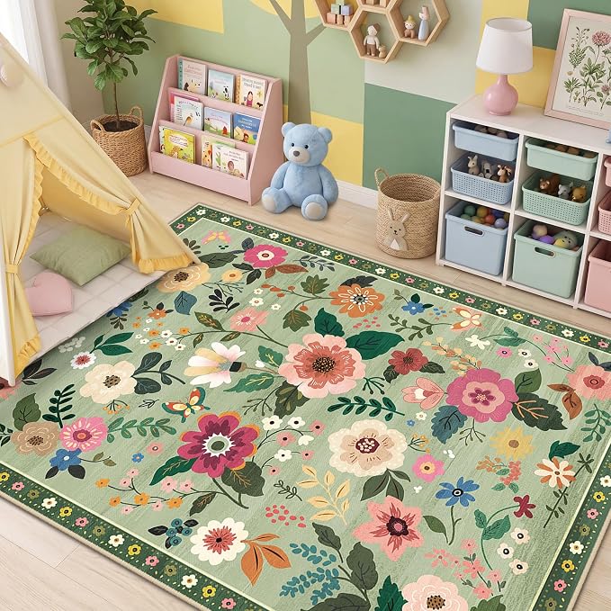 RELEANY Floral Washable 4x6 Area Rugs LightGreen | Flower Carpet Print Boho - Image 6