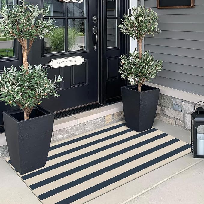 Front Door Mat Indoor Entrance, 2x4.3 Ft Blue and White Striped Rug | Washable - Image 4