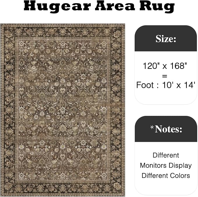 10x14 Brown Vintage Floral Washable Area Rug - Image 2