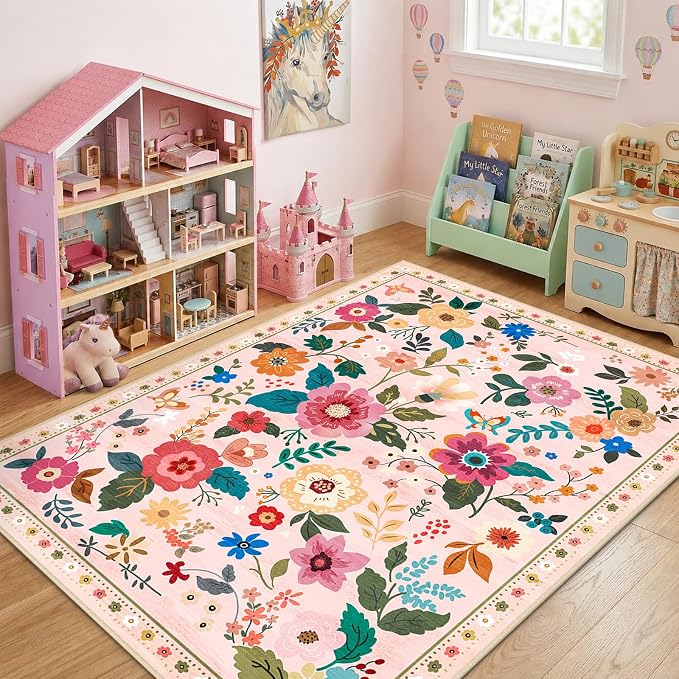 RELEANY Floral Washable 6x9 Area Rugs Pink | Flower Carpet Print Boho Cute Non - Image 2