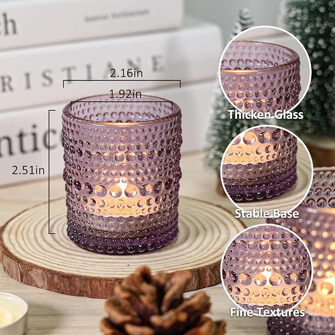 24 Pcs Votive Candle Holders, Purple Glass Holders Bulk for Table Centerpiece, Tea Lights Candle Holders for Wedding Shower, Party and Home Decor