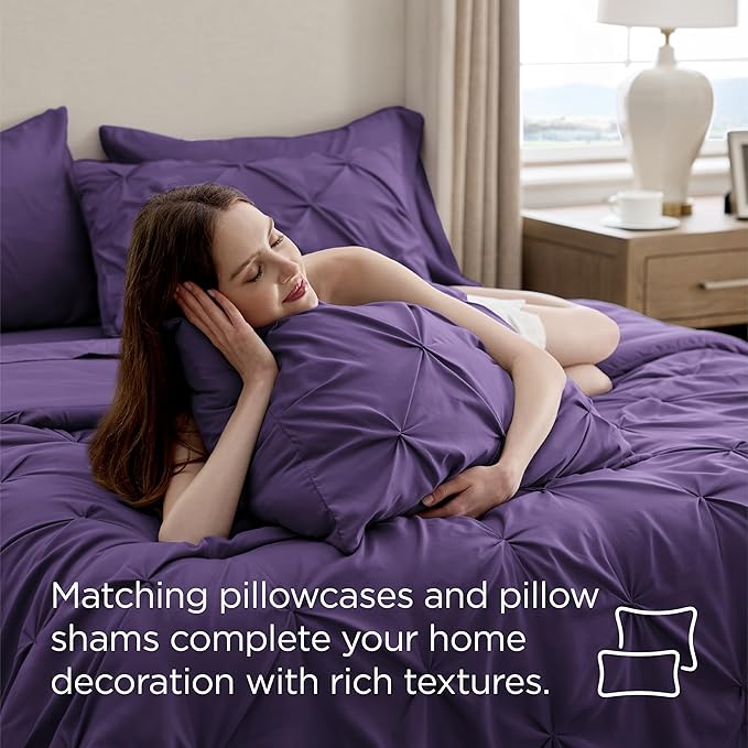 Bedsure California King Comforter Set Purple - Bed in a Bag Cal King Bedding Set 7 Pieces, GentleSoft™ Pintuck Bed Set Gift for Family, Pinch Pleat Purple Comforter with Sheets, Pillowcases & Shams