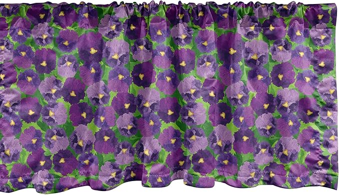 Ambesonne Botanical Window Valance Pack of 2, Green Field Full of Burgeoning Pansy Inflorescence Garden Flourish Bedding Plants, Rod Pocket Curtain Valances for Kitchen Bedroom, 42" X 18", Purple