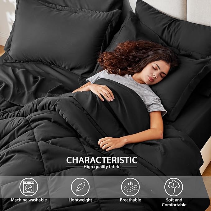 Love's cabin California King Comforter Set Black, 7 Pieces California King Bed in a Bag, All Season Bedding Sets with 1 Comforter, 1 Flat Sheet, 1 Fitted Sheet, 2 Pillowcase and 2 Pillow Sham