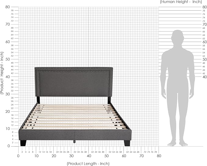 Furinno Laval Double Row Nail Head Upholstered Platform Bed Frame, Queen, Stone