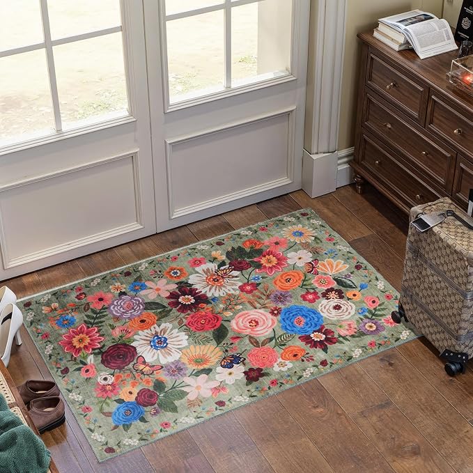 Green Floral Area Rug 2x3 for Entryway Bedroom Kitchen | Ultra-Thin;Boho by WelcometoBabovid