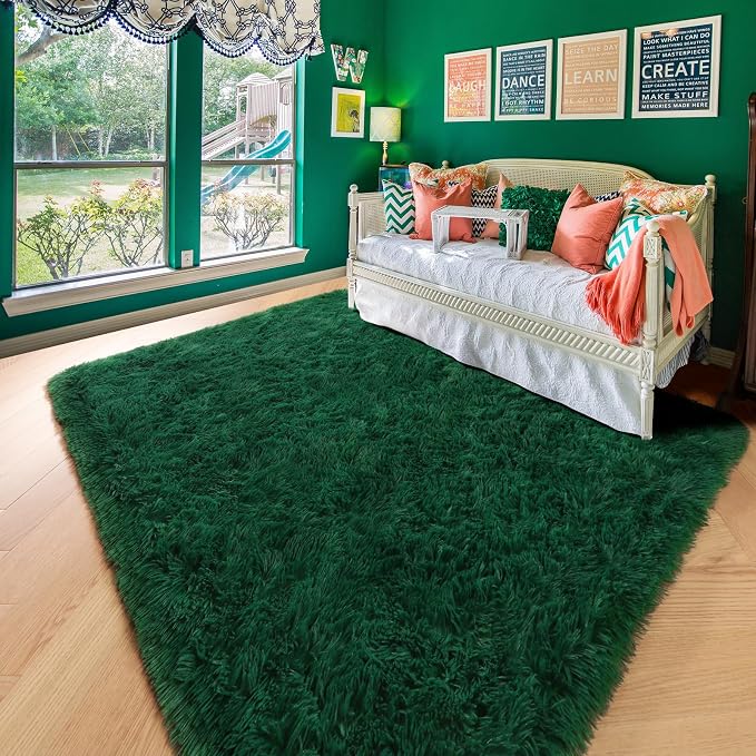Amdrebio Dark Green Shaggy Area Rug 5x8 - Image 3