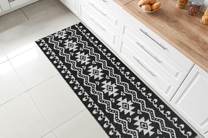 Custom Length Cut to Size Tribal Ethnic Southwestern Inspired Hallway Runner Rug, Non Slip Rubber Backed, 31 inch Wide X Customized Length, Aztec Black, 31 inch X 24 feet