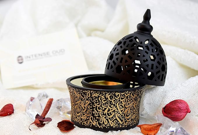 Intense Oud Calligraphy Style Closed Resin Incense Burner – 8 Inches, Black Metal Tray, Arabian Bakhoor Burner for Yoga, Aromatherapy, Home, Office & Bedroom Decor