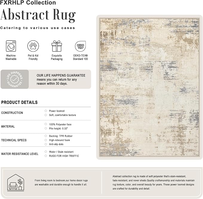 Area Rug Living Room: 3x5 Modern Washable Soft Carpet Beige Brown | - Image 2