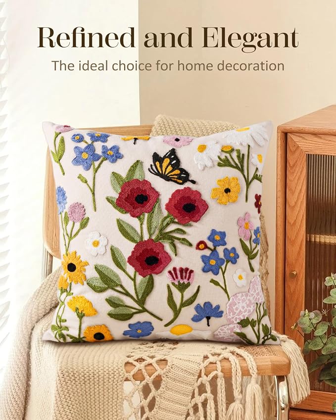 Embroidered Throw Pillow Cover 18x18 Inch, Retro Flower | Decorative Pillow - Image 5