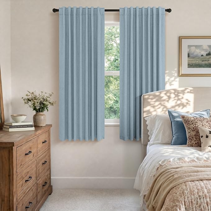 Light Blue Curtains for Bedroom 63 Inch Length 2 Panels Neutral Linen Textured - Image 2