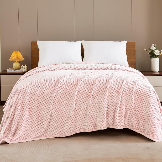 Exclusivo Mezcla Soft Waffle Fleece Bed Blanket Queen Size, Heather Pink | - Image 2