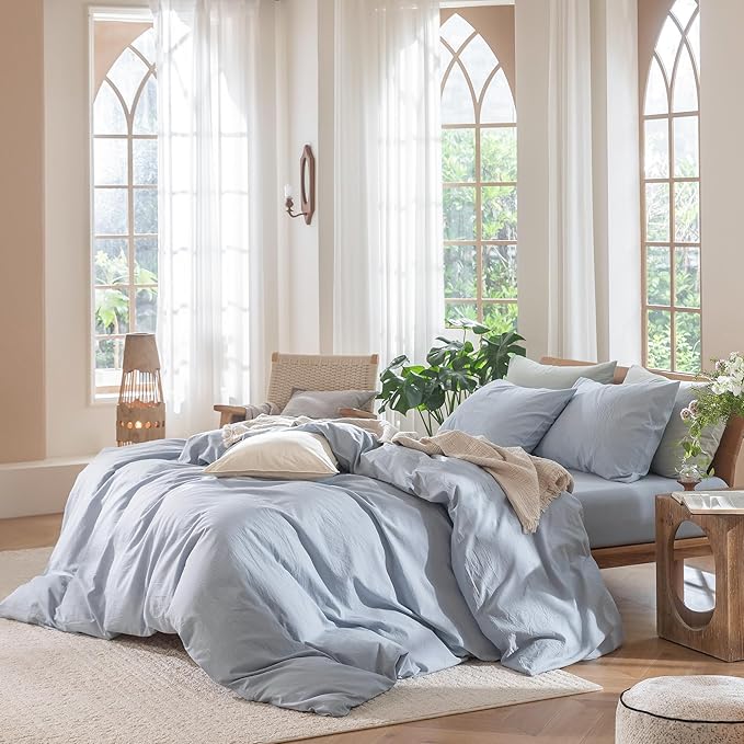 MooMee Bedding Duvet Cover Set 100% Washed Cotton Linen Like Textured Breathable Durable Soft Comfy (Heathered Cornflower Blue, Super King 108"x98")