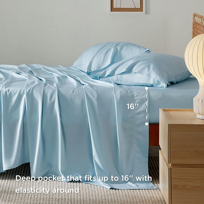 Bedsure King Size Sheets Set, Cooling Sheets for Hot Sleepers, Rayon Derived from Bamboo, Breathable & Soft, Deep Pocket Up to 16 Inches, Hotel Luxury Silky Bedding, Aqua