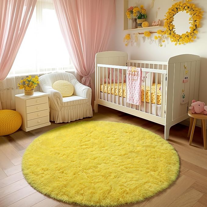 Amdrebio Yellow Shag Fuzzy Large Round Area Rug 6Ft - Image 5