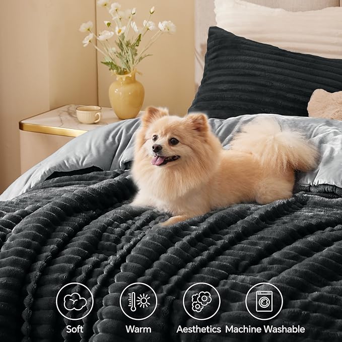 BEDELITE Fleece California King Comforter Set -Super Soft & Warm Fluffy Black Bedding, Luxury Fuzzy Heavy Bed Set for Winter with 2 Pillow Cases