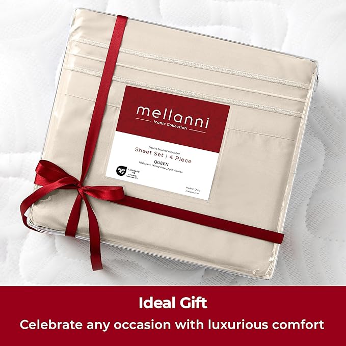 Mellanni Extra Deep Split King Sheets - 5 PC Iconic Collection Bedding - Hotel Luxury, Ultra Soft, Cooling Bed Sheets - Wrinkle, Fade, Stain Resistant (Split King, Beige)
