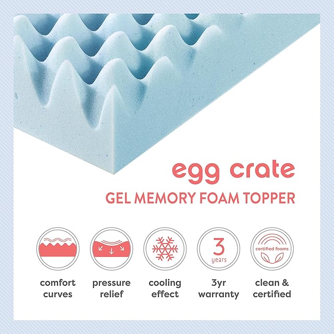 Best Price Mattress 4 Inch Egg Crate Memory Foam Mattress Topper with Cooling Gel Infusion, CertiPUR-US Certified, Twin, Dorm Essentials, Light Blue