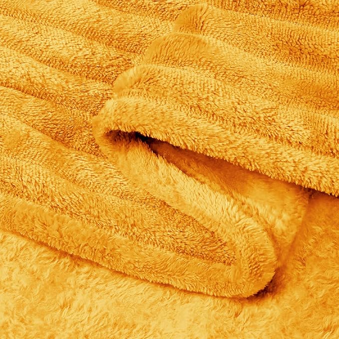 BEDELITE Ribbed Mustard Yellow Fleece Throw Blanket - Image 6