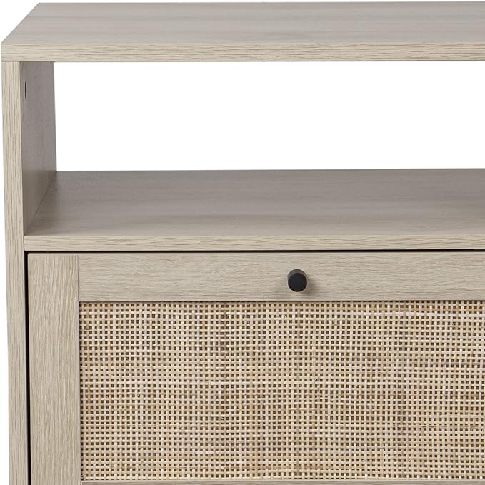 Nathan James Mina Rattan Wood End Side Accent Table Nightstand with Storage for Living Room or Bedroom, 1, Oak/Black
