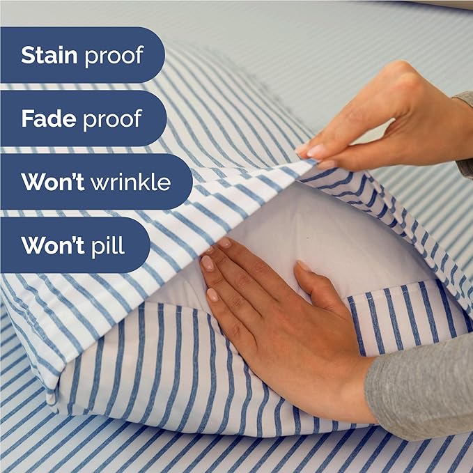 Full 6 Piece Sheet Set - Comfy Breathable & Cooling - Soft Hotel Luxury Bedding Set with 8-16 Inch Deep Pockets - 1 Flat & 1 Fitted Sheet & 4 Pillowcases - Wrinkle Free & Easy Care - Blue Stripes 2