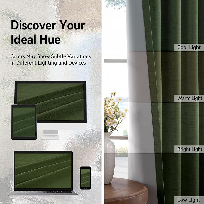 100% Blackout Linen Textured Curtains 72 Inch Long, Loden | 100% Blackout Shield - Image 7