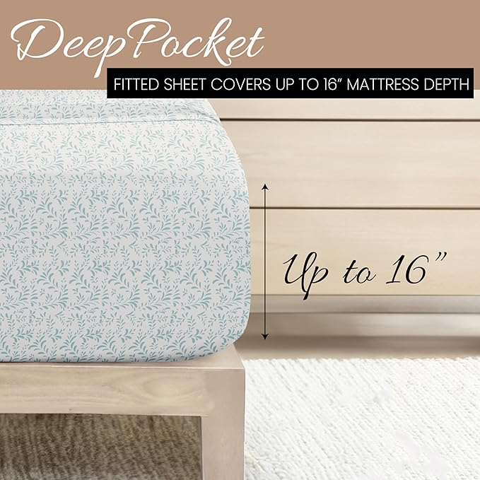 Linen Market 4 Piece King Sheet Set - Breathable, Double-Brushed Patterned Cooling Sheets – Oeko-TEX Certified Ultra Soft & Wrinkle-Free 16" Deep-Pocket King Sheets - Easy Care Burst of Vines Blue