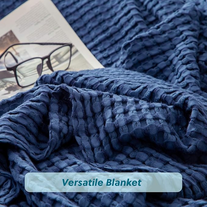 Bedsure Cooling Cotton Waffle Twin XL Blanket - Lightweight Breathable Blanket of Rayon Derived from Bamboo for Hot Sleepers, Luxury Throws for Bed, Couch and Sofa, Navy, 66x90 Inches