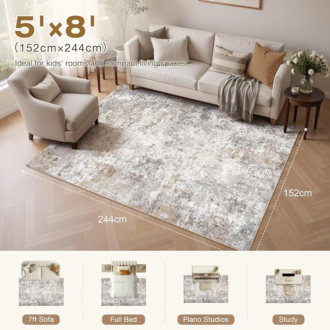 UERMEI 5x8 Area Rug Living Room Rugs Washable Neutral Brown Grey Carpet | - Image 2