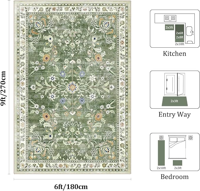 Yamaziot 6x9 Washable Area Rug for Living Room Floral Carpet Sage Green | Non - Image 2