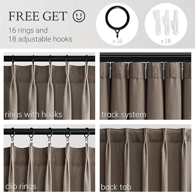 Topfinel Dark Flax Pinch Pleated Linen Curtains 120 Inch Length 2 Panels - Image 4