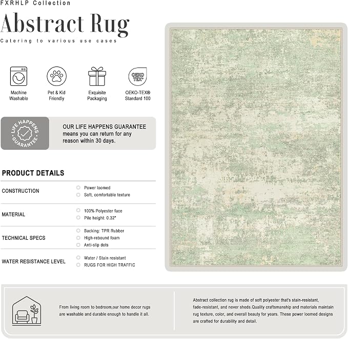 Area Rug Living Room: 4x6 Modern Washable Soft Carpet Green Cream | - Image 2