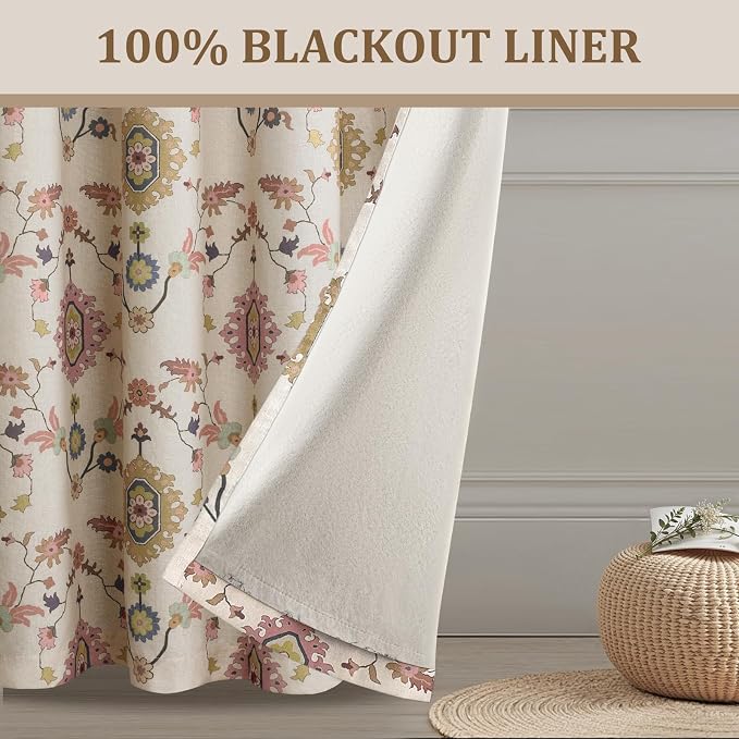 Boho Floral 100% Grommet Blackout Curtains 96 Inch 2 Panels | Colorful Bohemian - Image 3