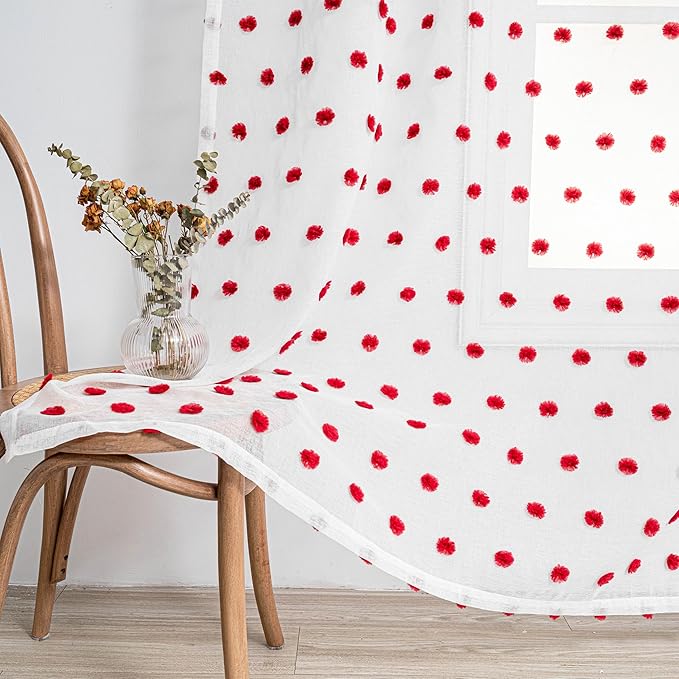MYSKY HOME Pom Pom Curtains for Girls Bedroom 63 Inch Long Red Nursery Curains for Kids Room Sheer Curtains for Christmas Living Room Playroom Rod Pocket Window Drapes 52" x 63" Set of 2