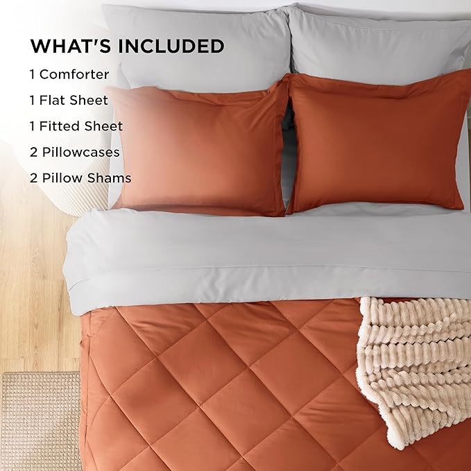 Bedsure Full Size Comforter Set - 7 Pieces Reversible Burnt Orange Bedding, Full Size Bed Set for All Seasons, Bed in a Bag with Down Alternative Comforter, Sheets, Pillowcases & Shams