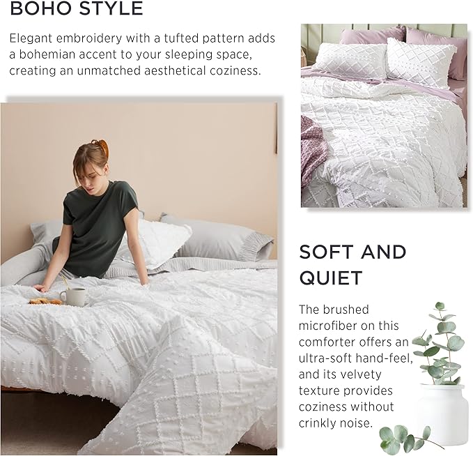 Bedsure Full Comforter Set - White Comforter, Boho Tufted Shabby Chic Bedding for Kids, 3 Pieces Vintage Farmhouse Bed Set for All Seasons, Fluffy Soft Bedding with 2 Pillow Shams