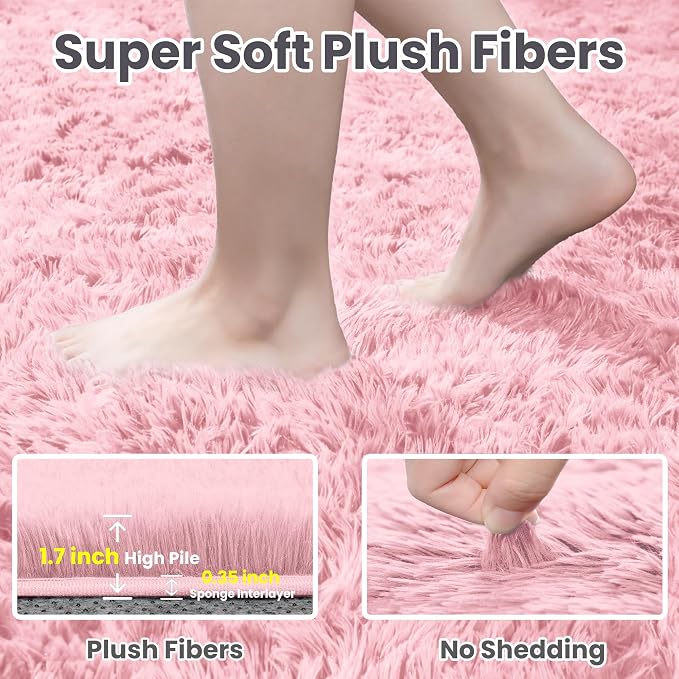 6x9 Fluffy Shag Area Rugs for Living Room Bedroom: Soft Plush Carpet Pink | - Image 5