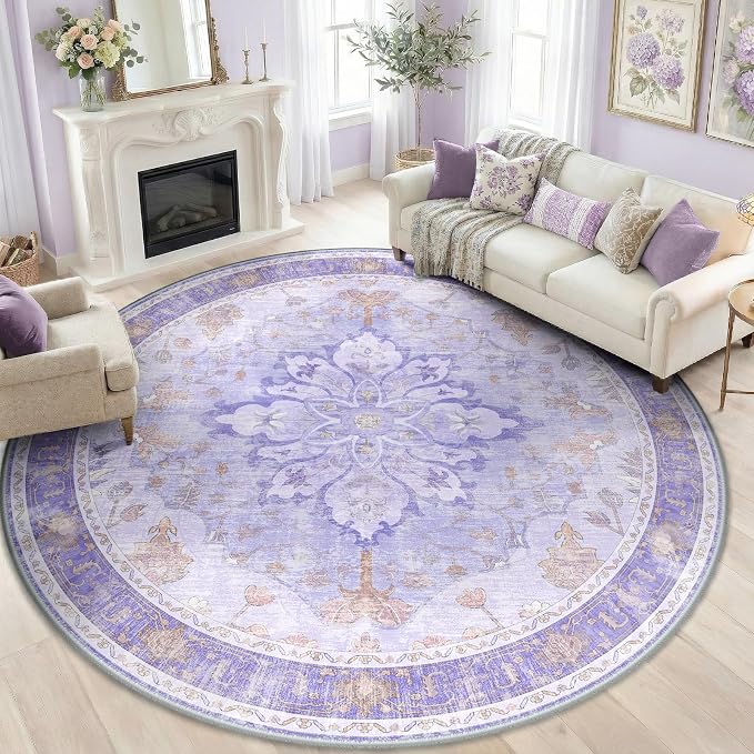 RELEANY Washable Area Rug, Round 8ft, Water Repellent, Pet Friendly, Vintage by RELEANY