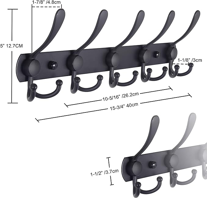 Dseap Coat Rack Wall Mounted - 5 Tri Hooks, Heavy Duty, Stainless Steel, Metal Coat Hook Rail for Coat Hat Towel Purse Robes Mudroom Bathroom Entryway, Green