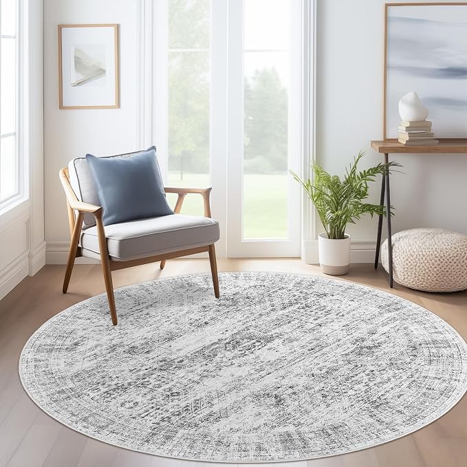 Soalmost 6x6 Grey Round Rug 6ft Circle Living Room Area Rugs Non-Slip | - Image 8