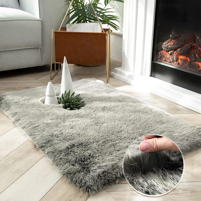 Ashler Faux Fox Fur Rug, 2x3 Rectangle Rug, Ultra Soft Shaggy Area Rugs by AshlerHomeDeco