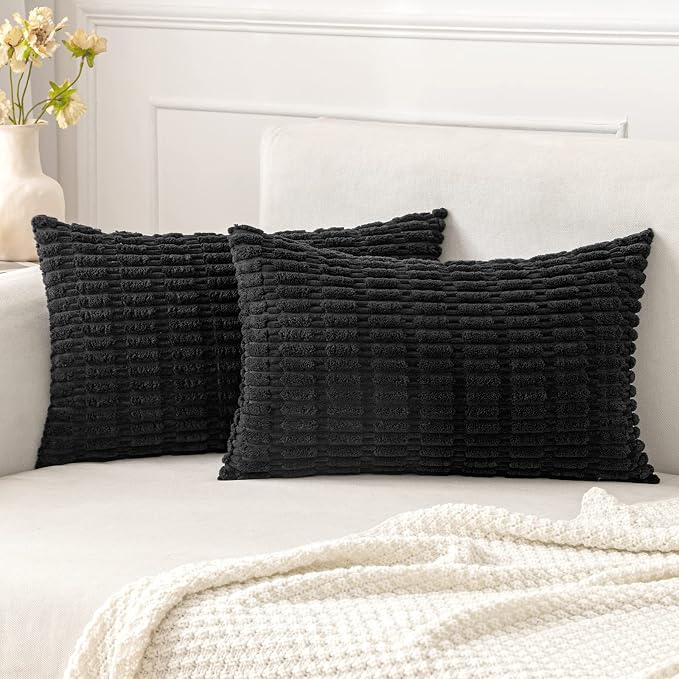 MIULEE Lumbar Corduroy Decorative Throw Pillow Covers 12x20 Black Pack of 2 | by MIULEE