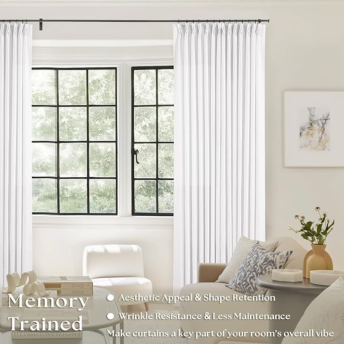 Extra Long Pinch Pleated Linen 120 Inch Curtains 2 Panels Set Snow White | - Image 2