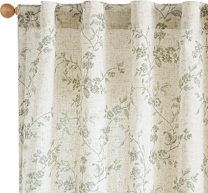 Green Vintage Floral Linen Curtains Farmhouse 38W X 63L 2 Panels | Elisa Series by Lazzzy